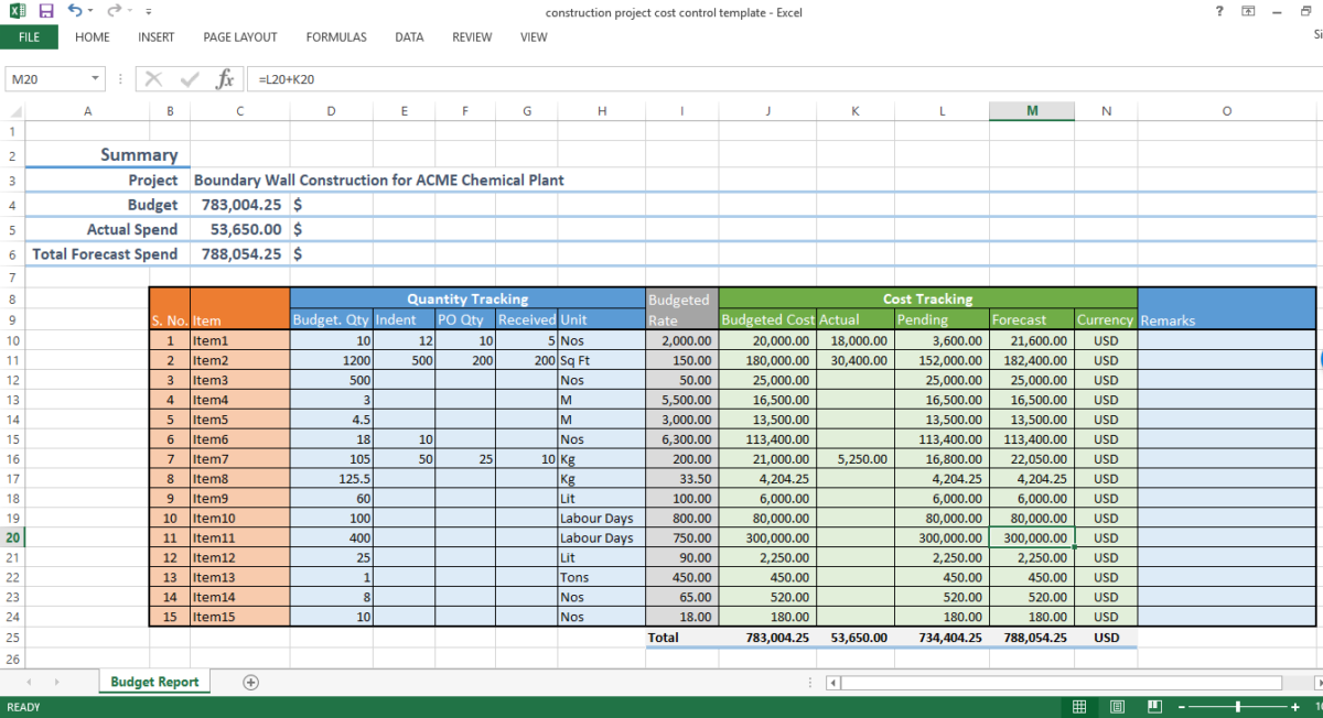 Construction project cost control excel template WorkPack