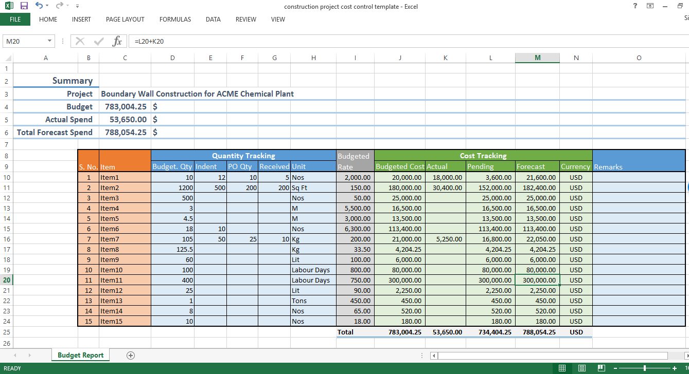 Construction Project Cost Control Excel Template Workpack